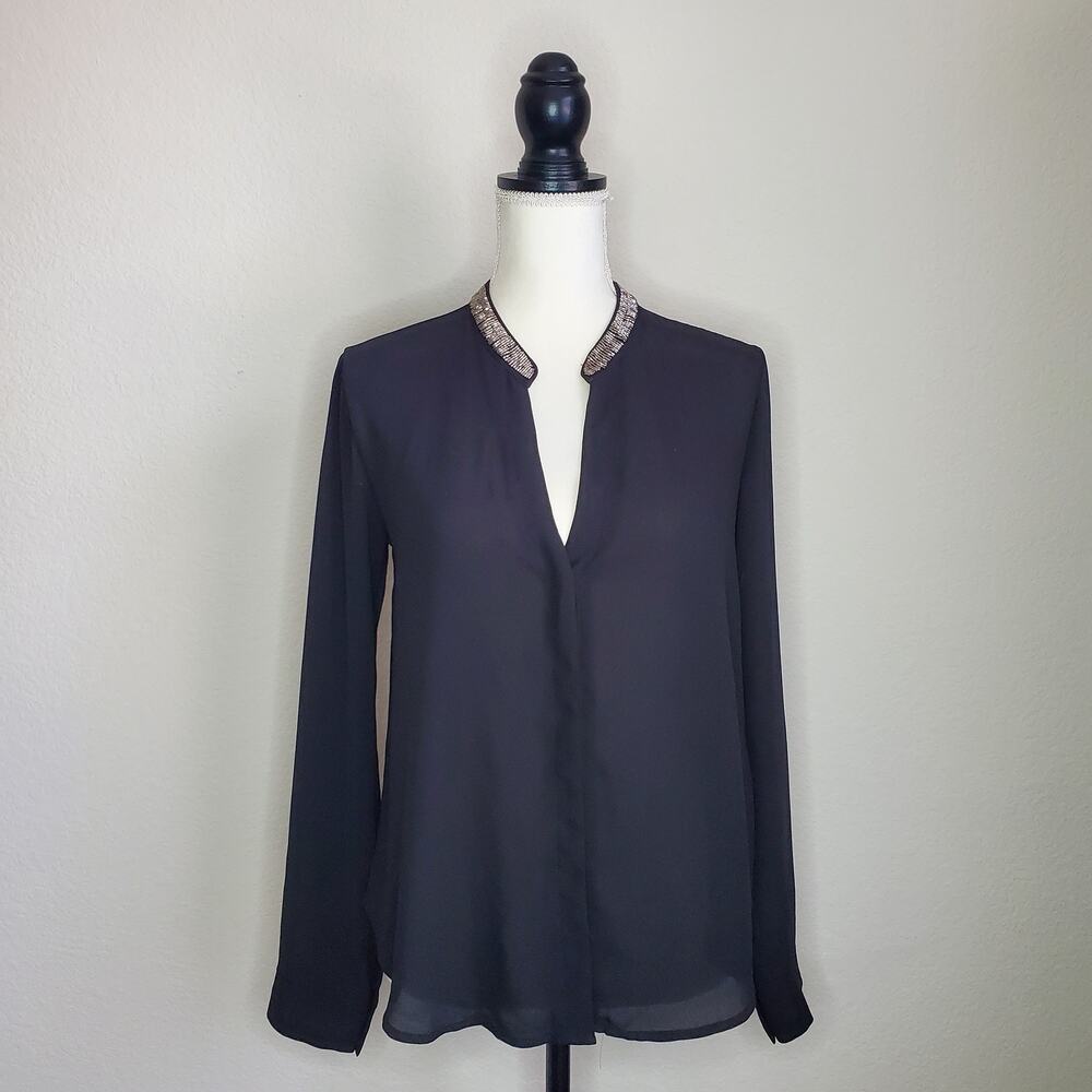 ASTR Black Beaded V-Neck Button Down Top Small